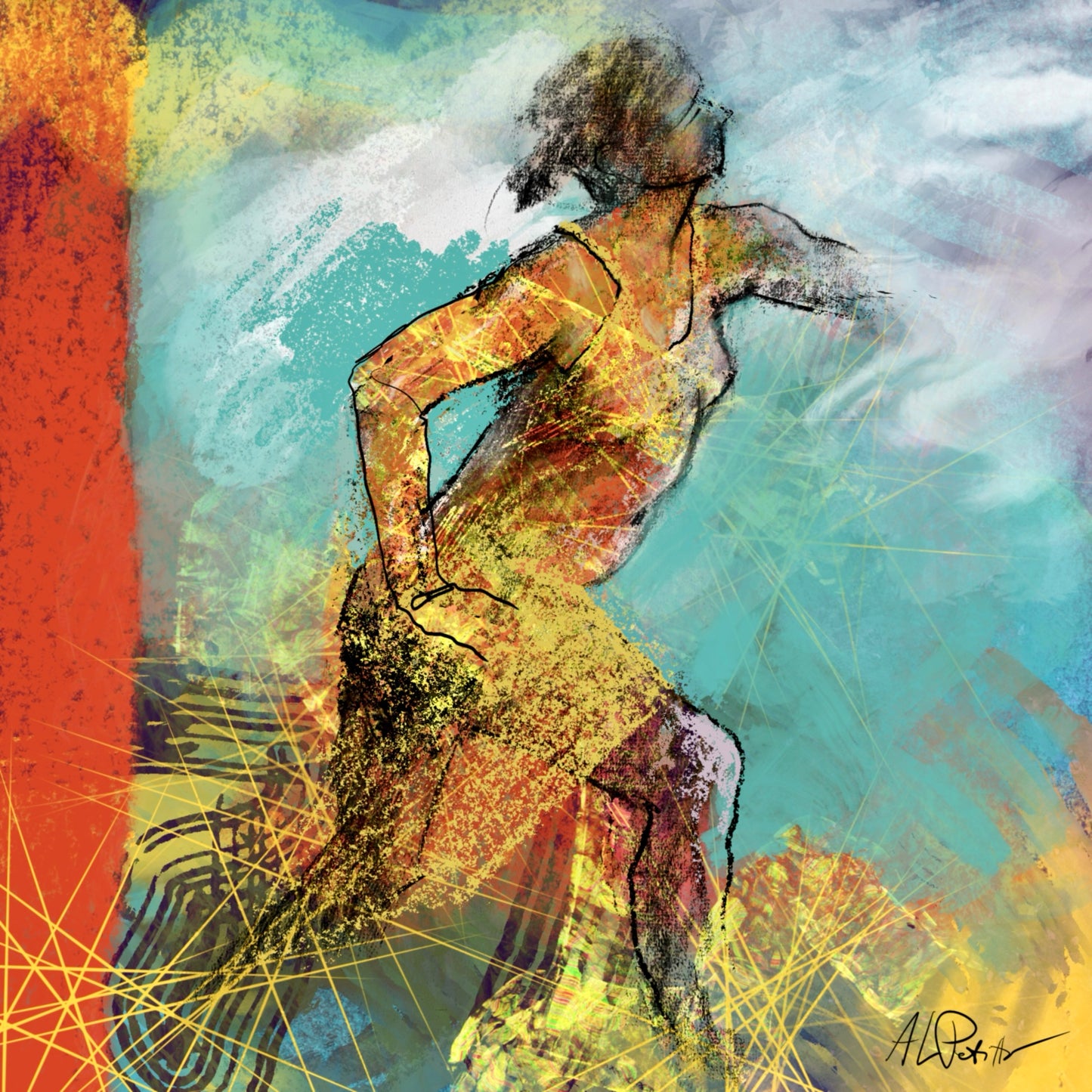 Woman’s figure in yellow/red dress, runnin always from a red edge into blue and white.