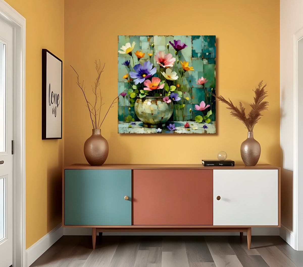 Colorful painting of flowers on a yellow wall above a multi-colored cabinet.