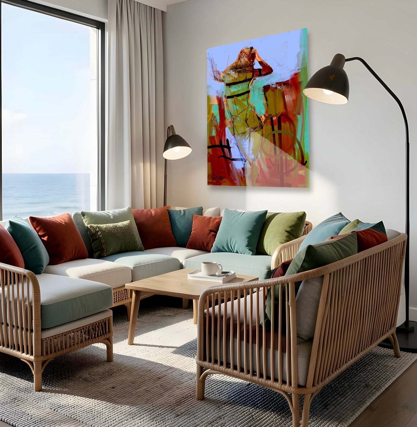 Modern living room with a sectional sofa, armchair, and semi abstract figural painting on the wall.