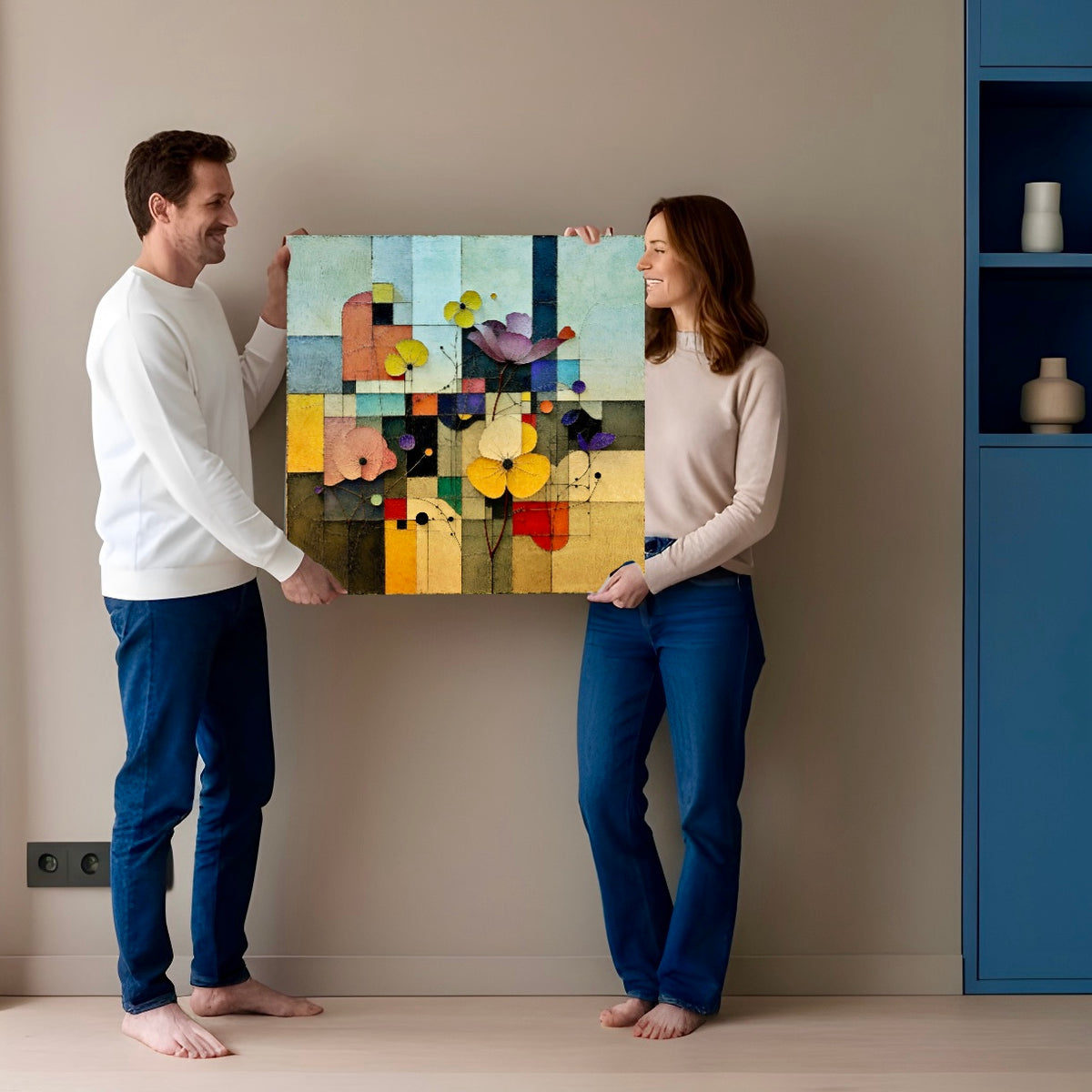 Two people smiling and holding a colorful abstract painting in a room with a blue cabinet.