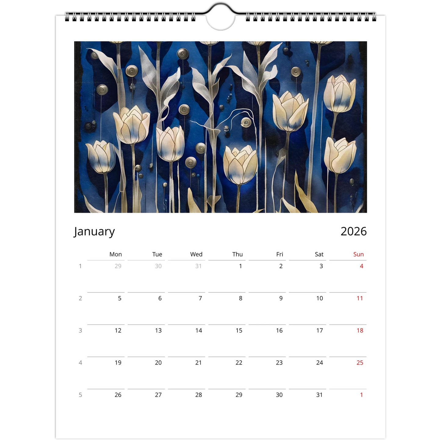 January page with silver tulips against deep blue. Metallic feel.