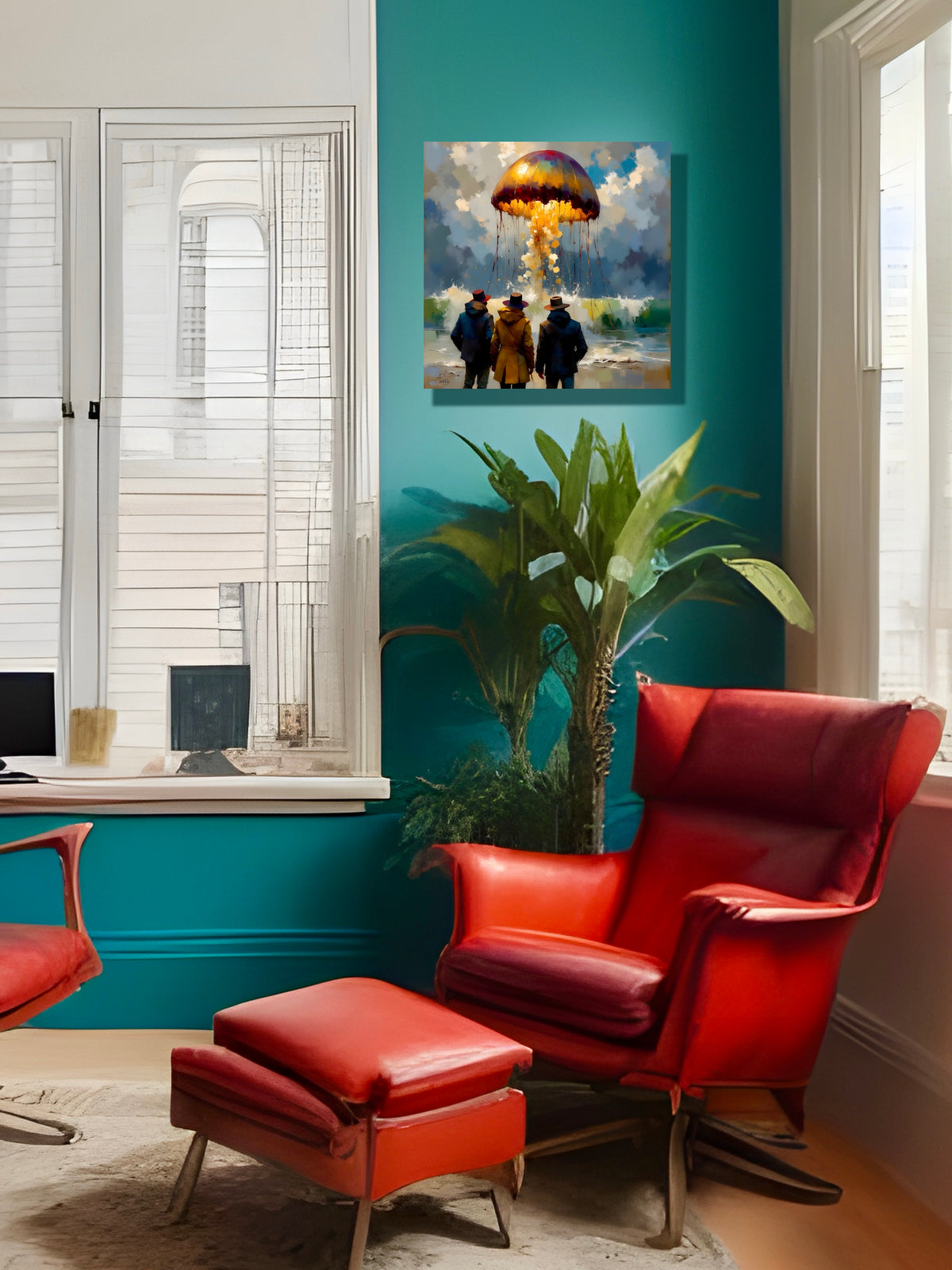 Living room with red chair, ottoman, and teal wall featuring a painting of three people watching a gigantic jellyfish rise dramatically from the sea.