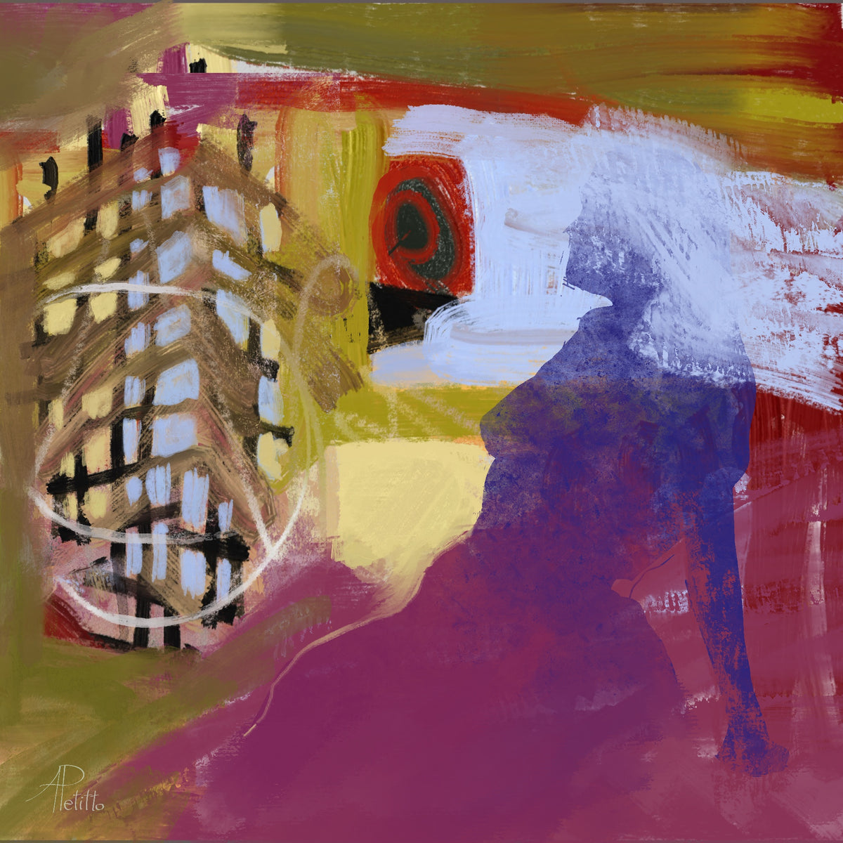 Silhouetted woman’s figure in blue, seated and looking back toward an ambiguous structure in yellows, beige and red.