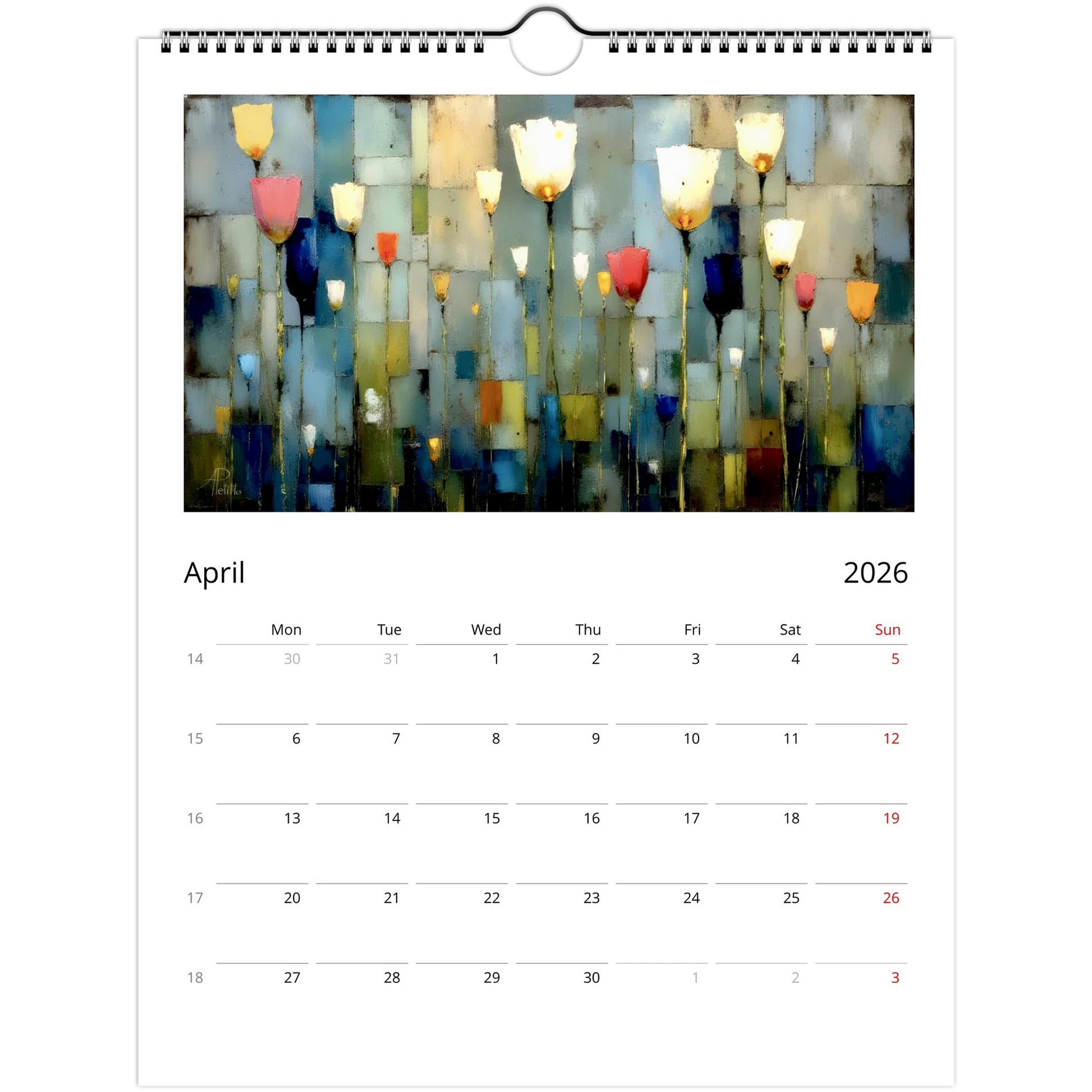 Multicolored tulips against a varied gray and beige background