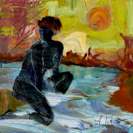 Black woman’s figure sitting at the edge of running water in landscape setting. 