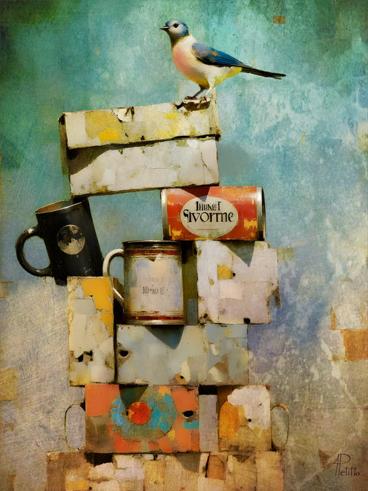 Collage of stacked boxes, cans, and a mug with a bird perched on top against a textured background.
