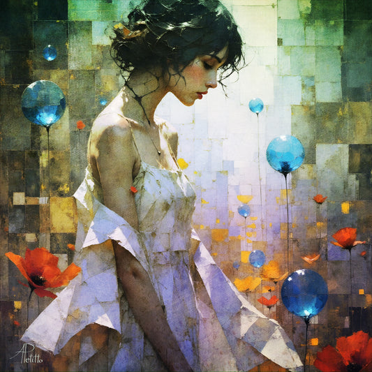 Artistic depiction of a lovely but downcast young woman in a white dress surrounded by colorful balloons and flowers.