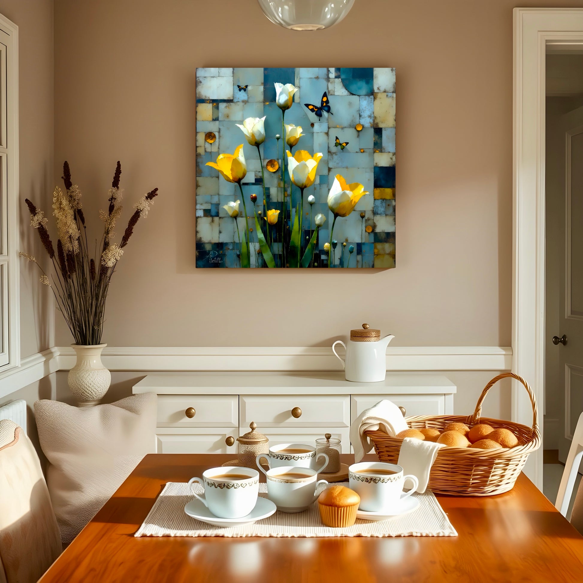 Dining room with a table set for tea, a basket of bread, and a wall art piece of yellow and white tulips and a butterfly. 