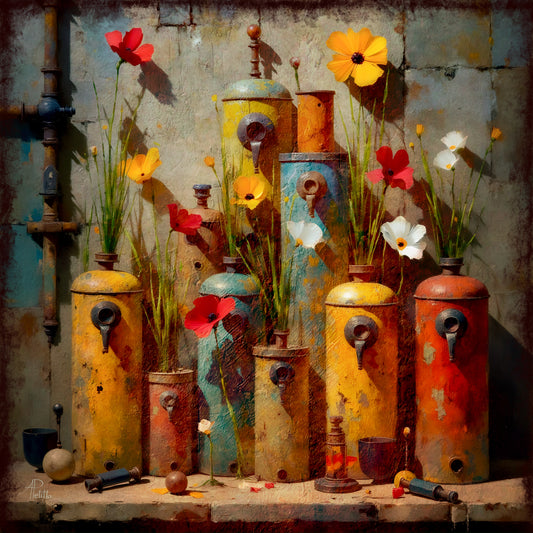 Colorful vintage-style oil cans with flowers against a textured wall.