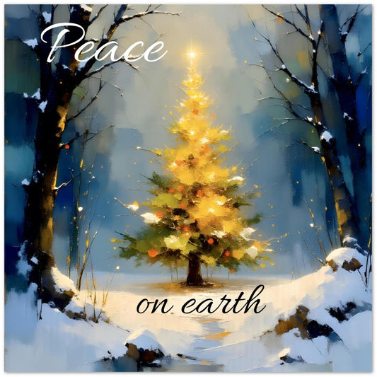 Decorative image of a Christmas tree with lights in a snowy landscape, featuring the text 'Peace on earth'.