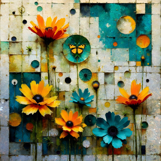 Primarily orange, teal, and white. Orange and teal  flowers on vertical stems along with curio-like items, circular, radial, small knobs etc, one containing a butterfly, all blending together in front of a sparkly mostly white wall apparently made of soapstone with crystals. 