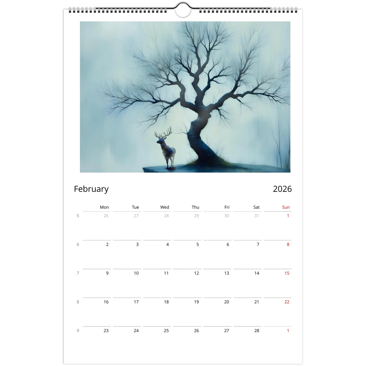 An antlered stag standing beneath a bear twisted tree. All in shades of blue and black.