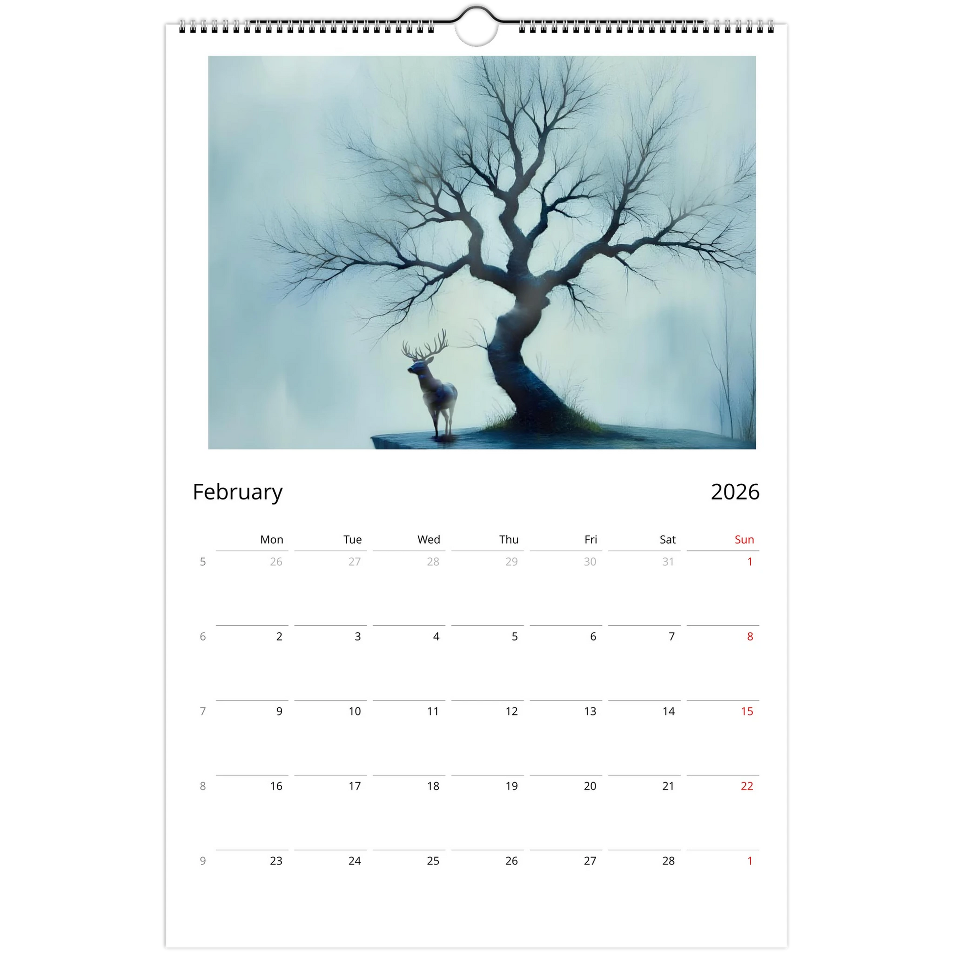 An antlered stag standing beneath a bear twisted tree. All in shades of blue and black.