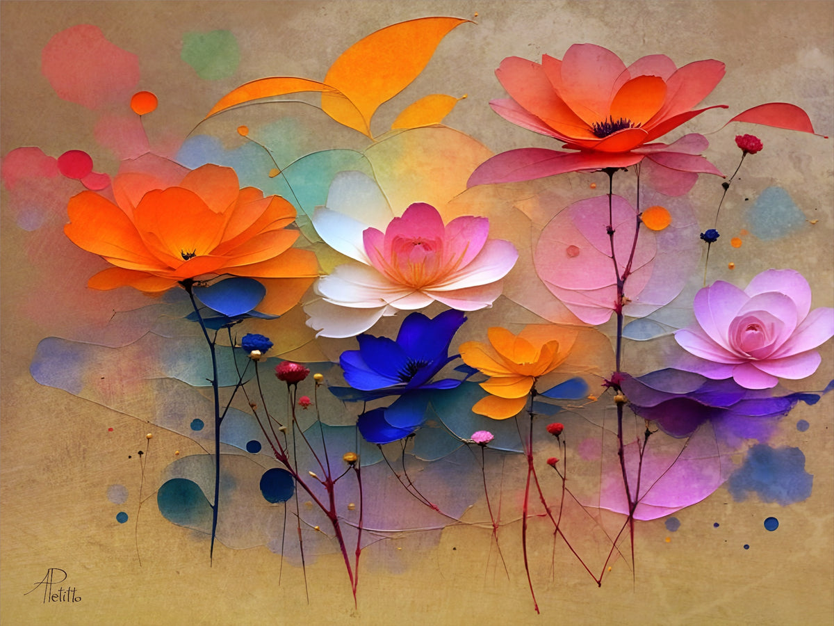 Colorful abstract floral painting on a beige background