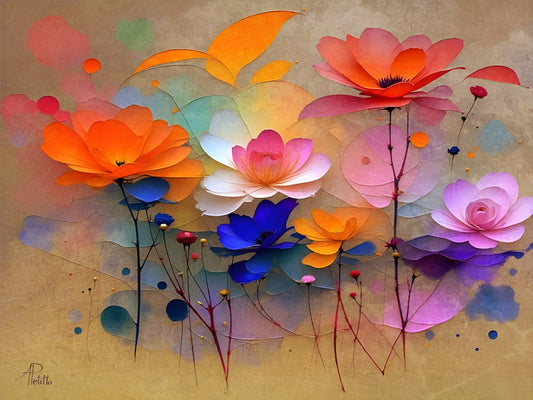 Colorful abstract floral painting on a beige background