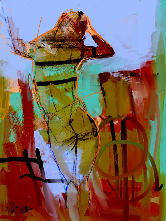 Colorful semi-abstract woman’s figure facing away
