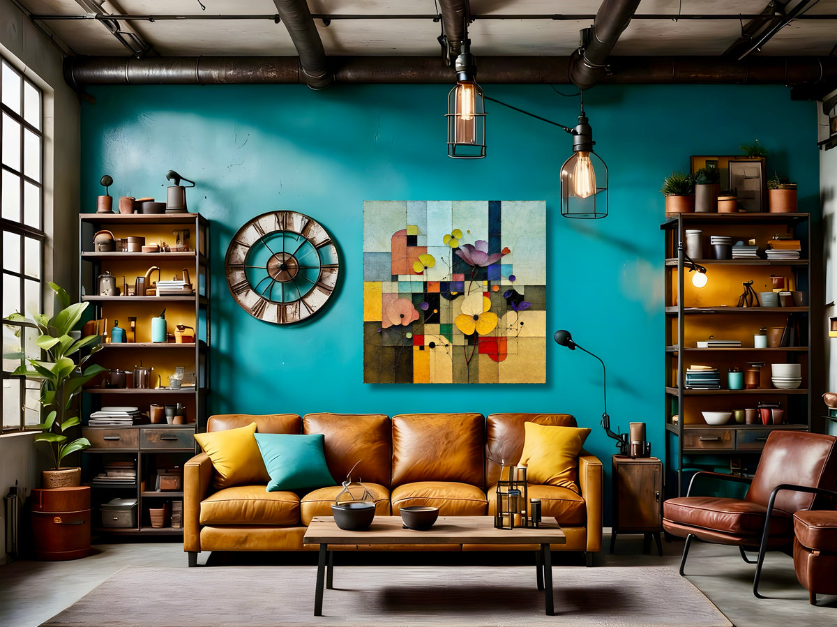Modern living room with a blue wall, brown leather sofa, and decorative items.