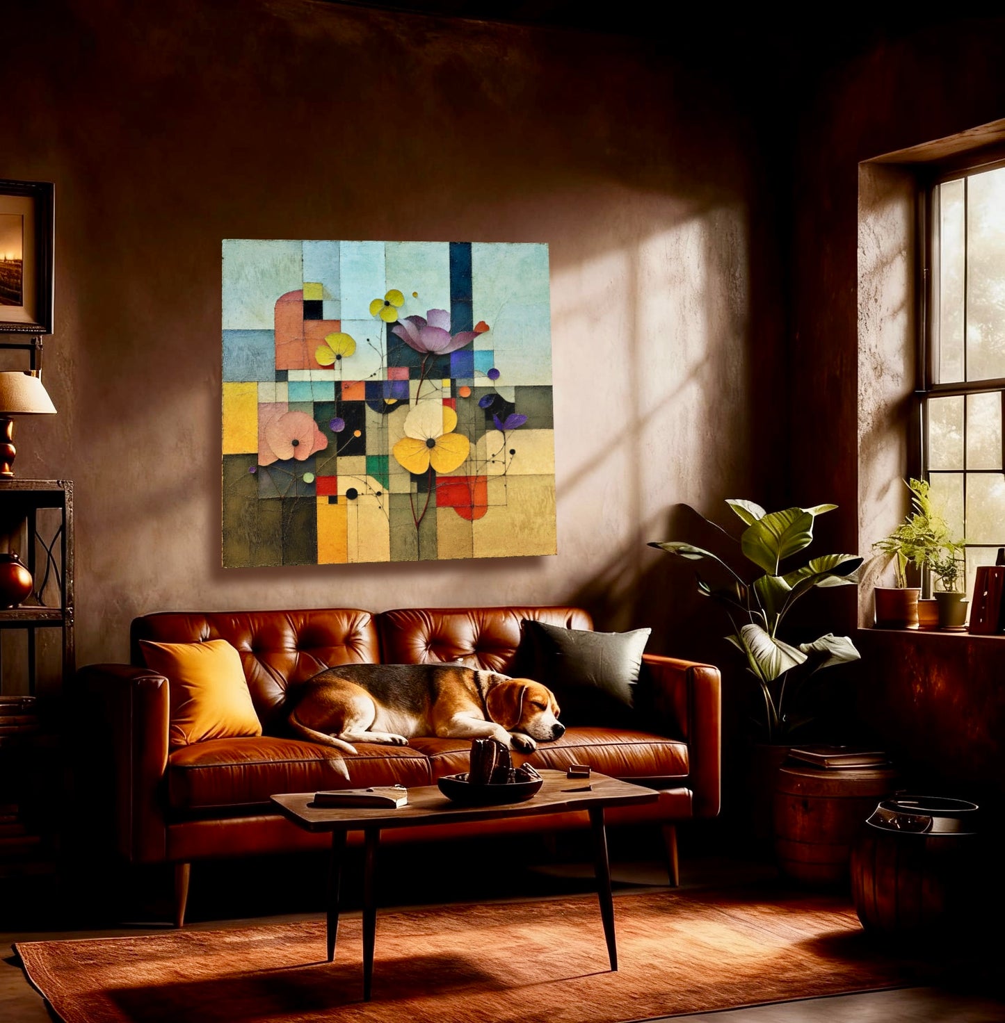 Cozy living room with a brown leather sofa, abstract floral painting, and a dog resting on the couch.