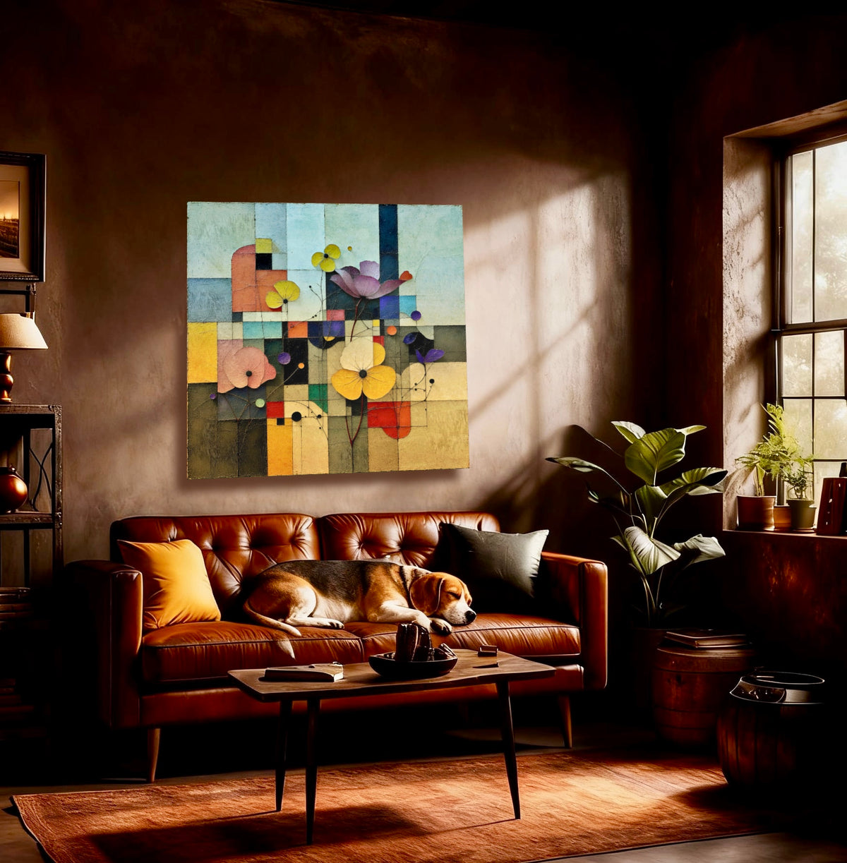 Cozy living room with a brown leather sofa, abstract floral painting, and a dog resting on the couch.