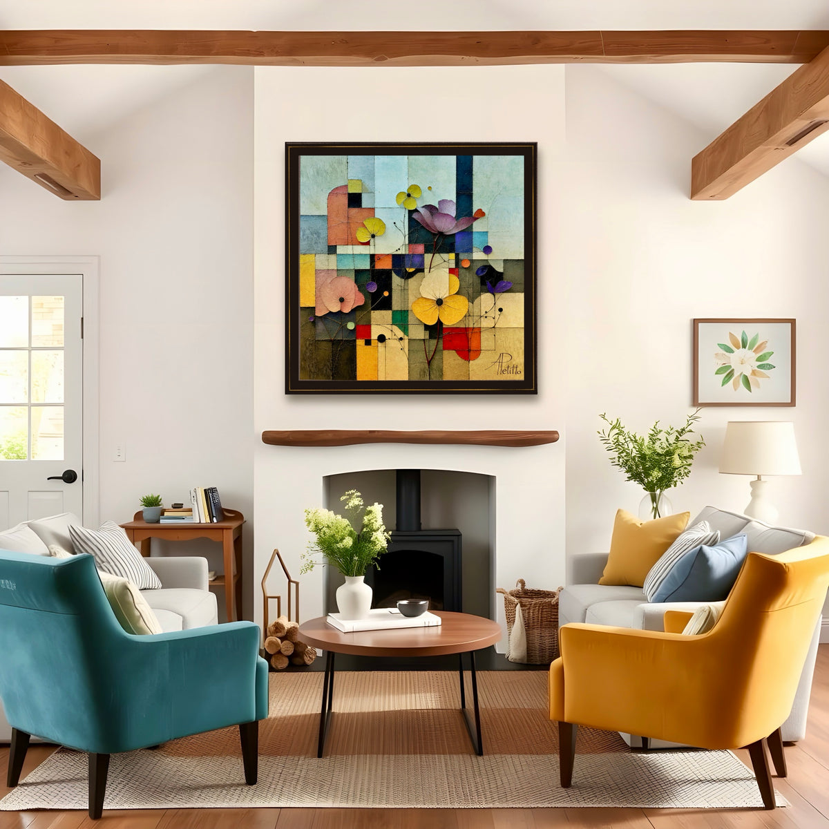 Living room with colorful abstract art, chairs, and a fireplace.