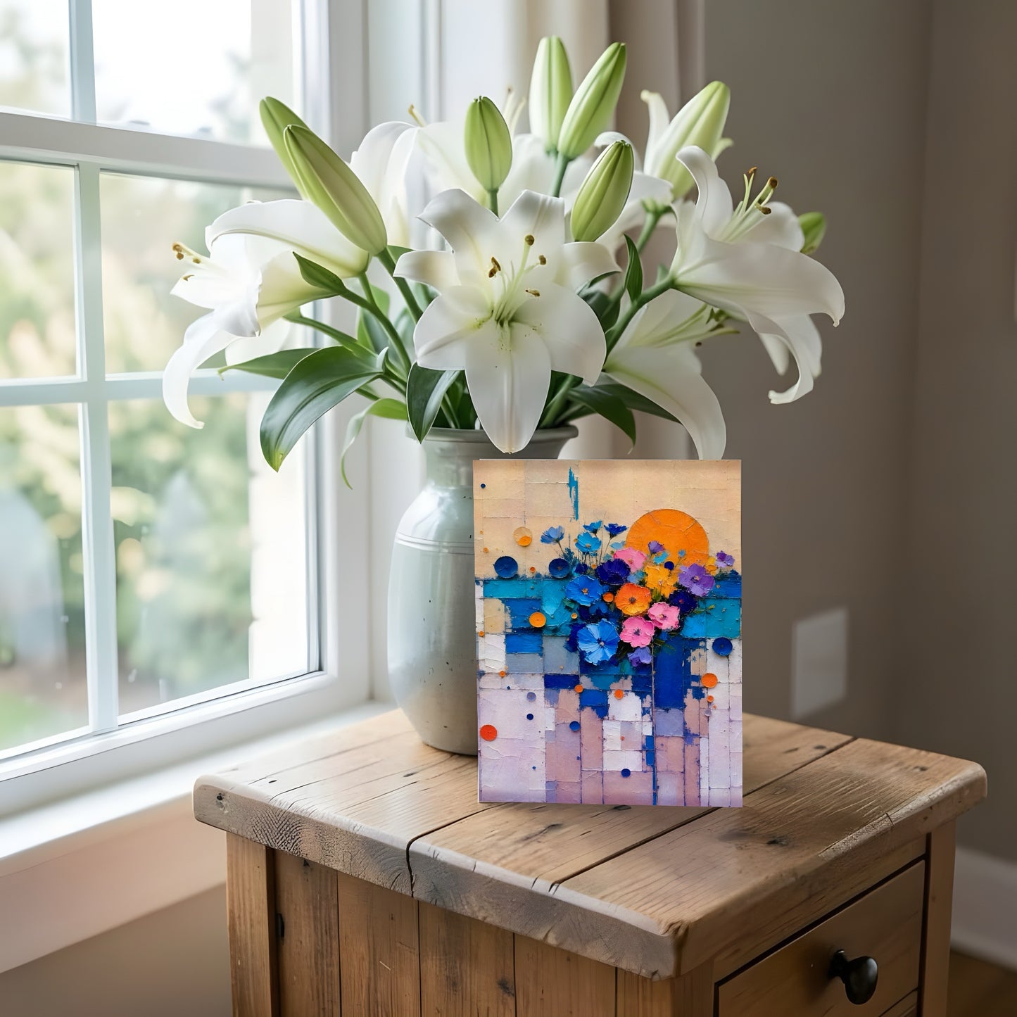 Sunrise Design Greeting Cards Pack of 10 – Flowers within Bold Geometric Patterns