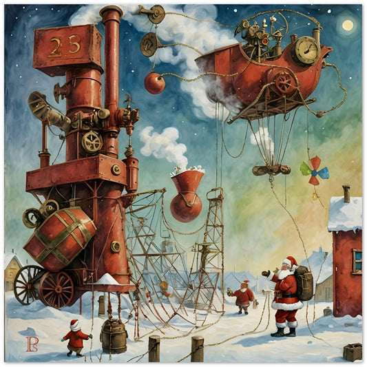 Illustration of a steampunk Santa Claus with a large machine in a snowy village.