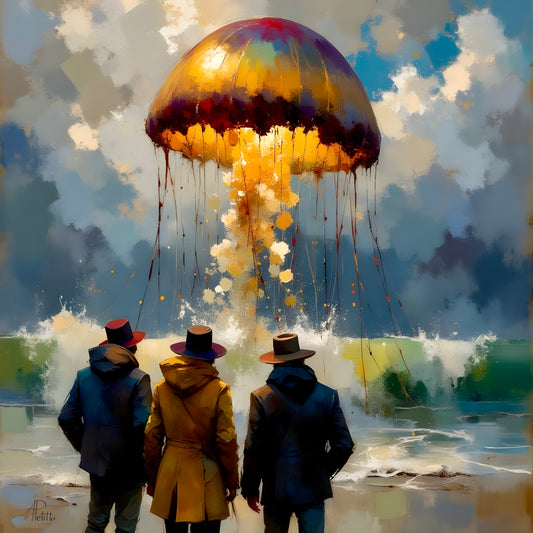 Three people in raincoats and hats looking up at a gigantic colorful jellyfish-like creature rising from a turbulent sea against a stormy sky.