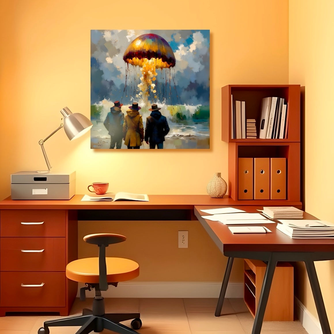 Home office with a desk, chair, lamp, and wall art of three people watching a gigantic jellyfish rise from the sea.