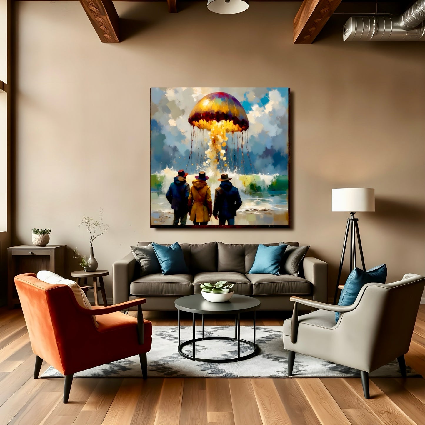 Living room with a colorful painting of three people watching a gigantic jellyfish rise from the sea. The painting is on a beige wall above a gray sofa, orange armchair, and white armchair.