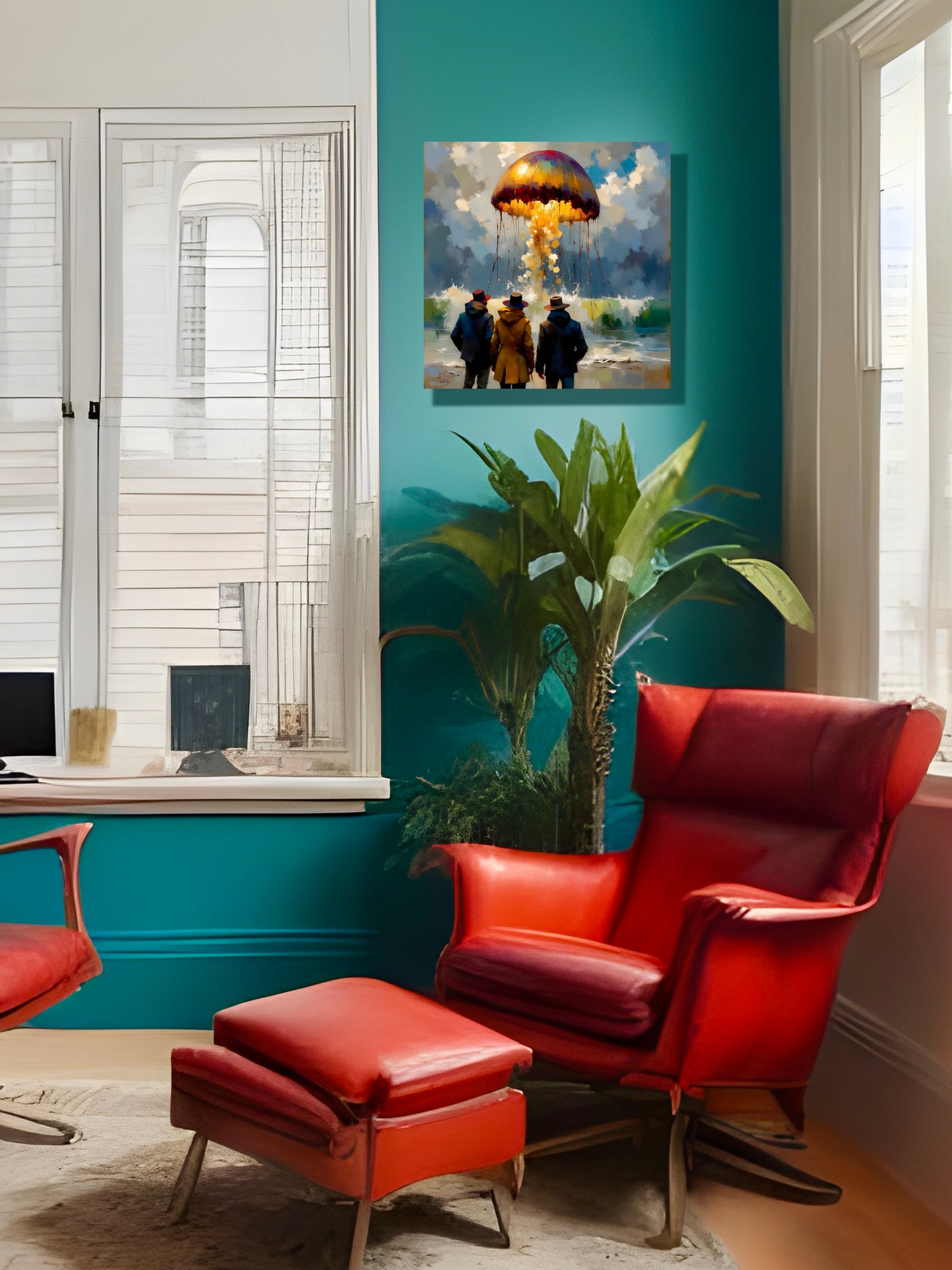 Living room with red chair, ottoman, and teal wall featuring a painting of three people watching a gigantic jellyfish rise dramatically from the sea.
