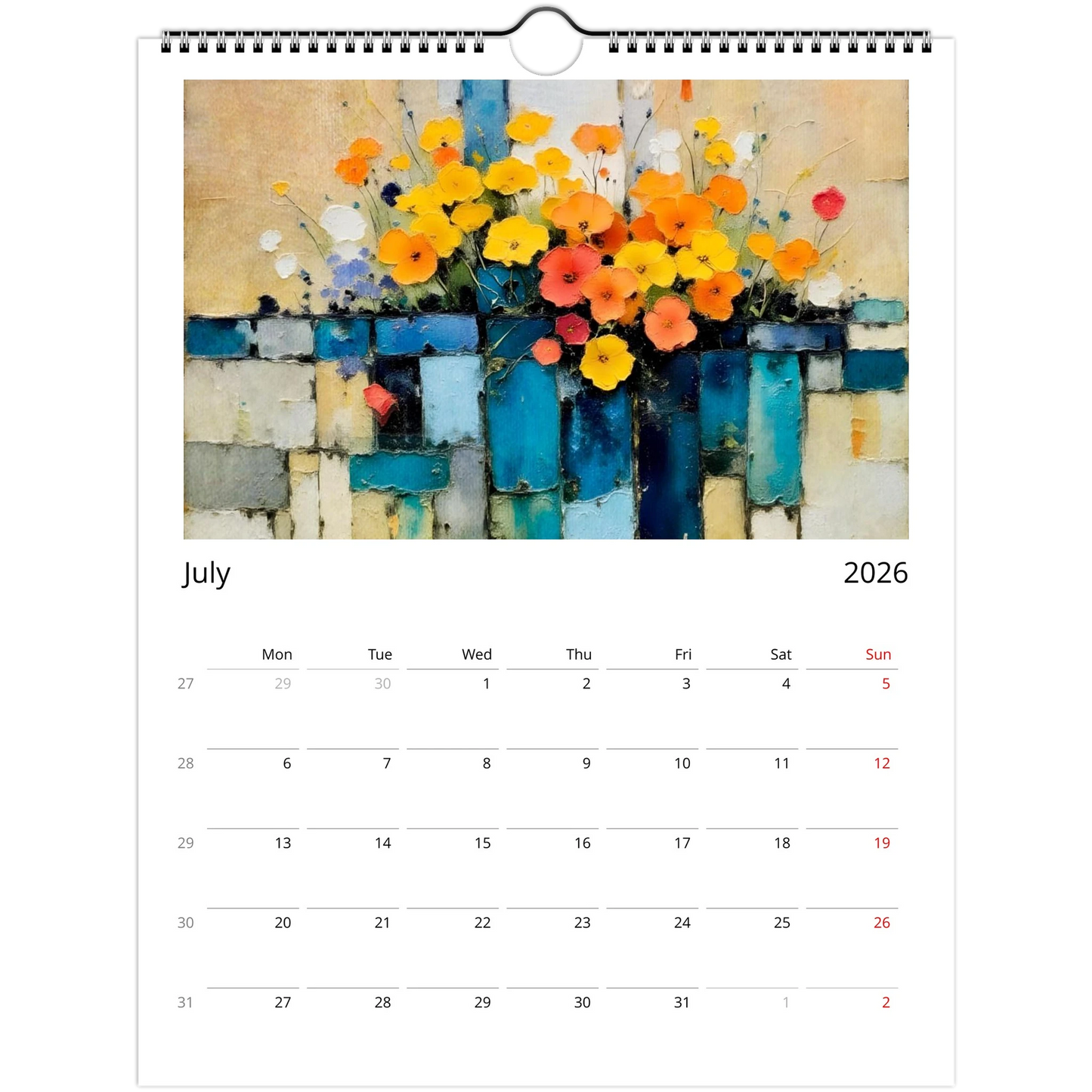 a spray of yellow orange and white flowers, tumbling over a blue and beige wall