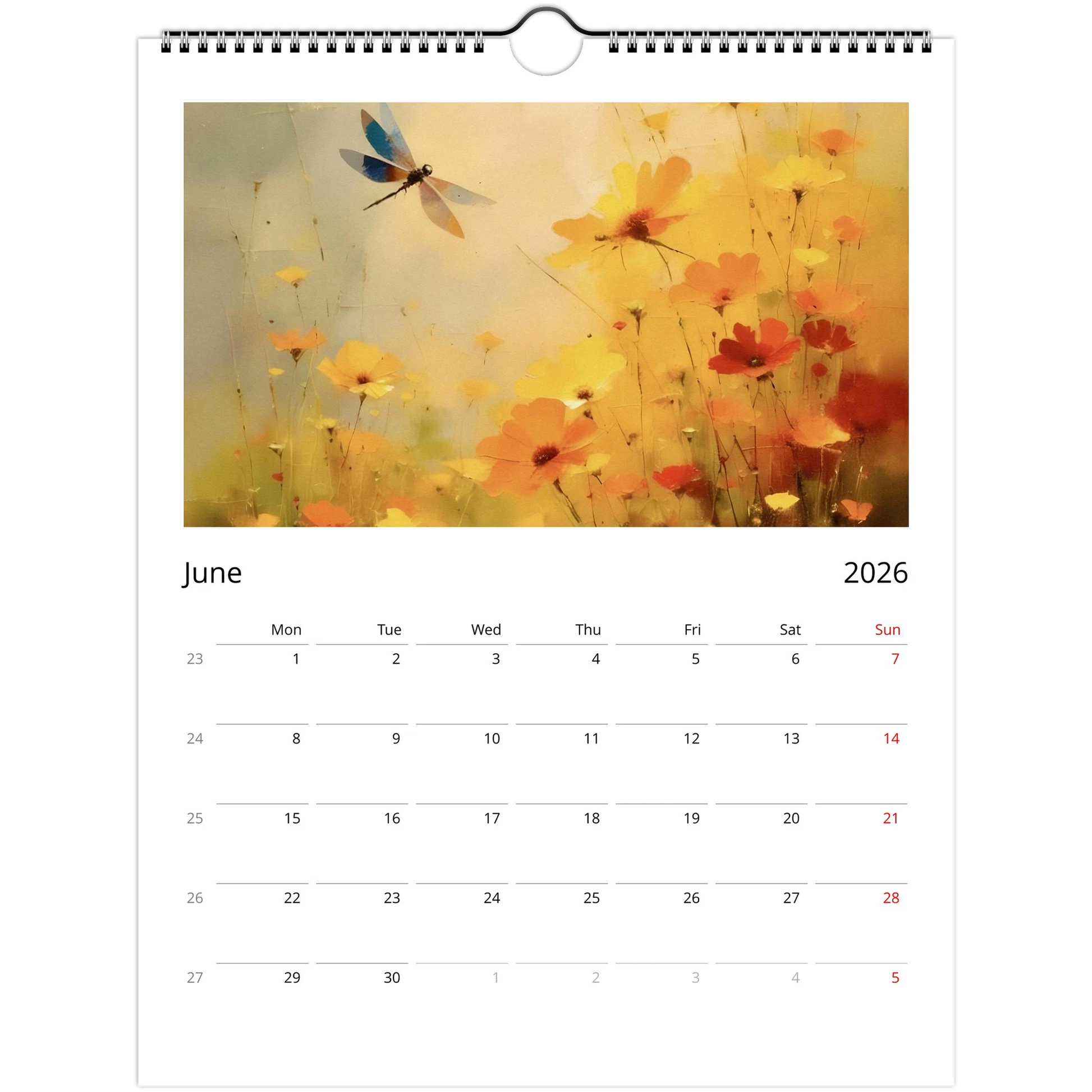Golden yellow flowers, and a multicolored dragonfly