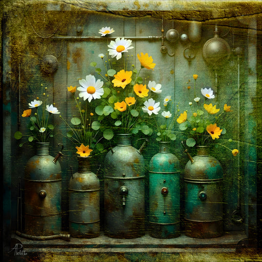 Decorative scene with rusty metal jugs and flowers on a textured background