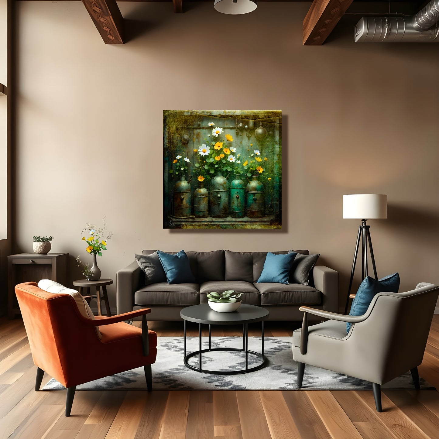 Modern living room with gray sofa, orange armchair, and gray chair, featuring a painting on the wall.
