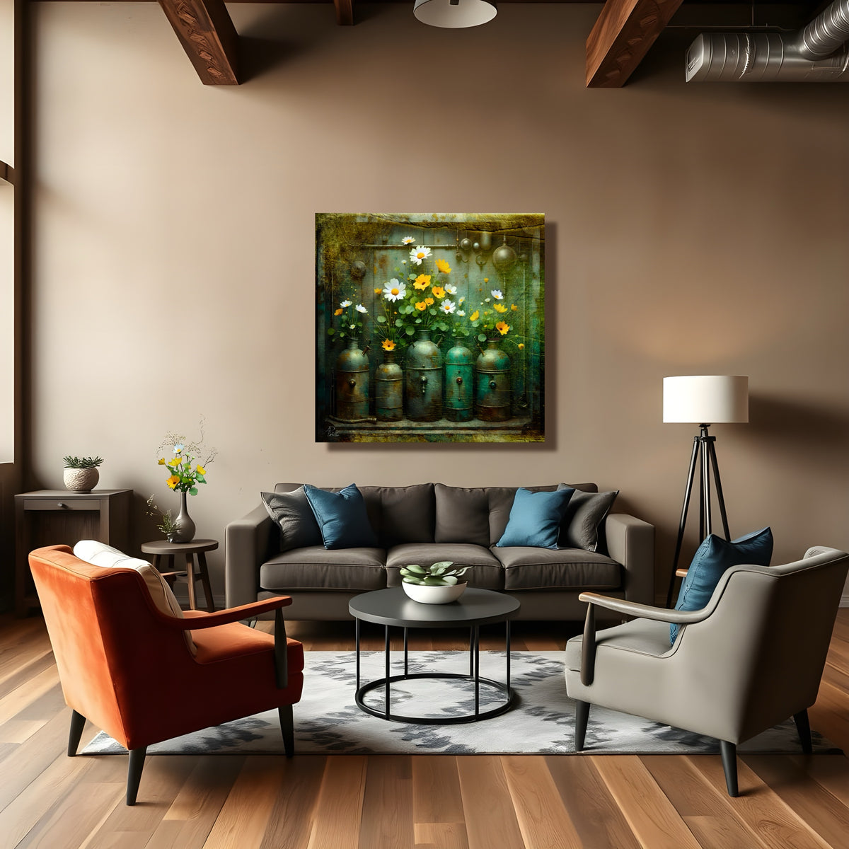 Modern living room with gray sofa, orange armchair, and gray chair, featuring a painting on the wall.