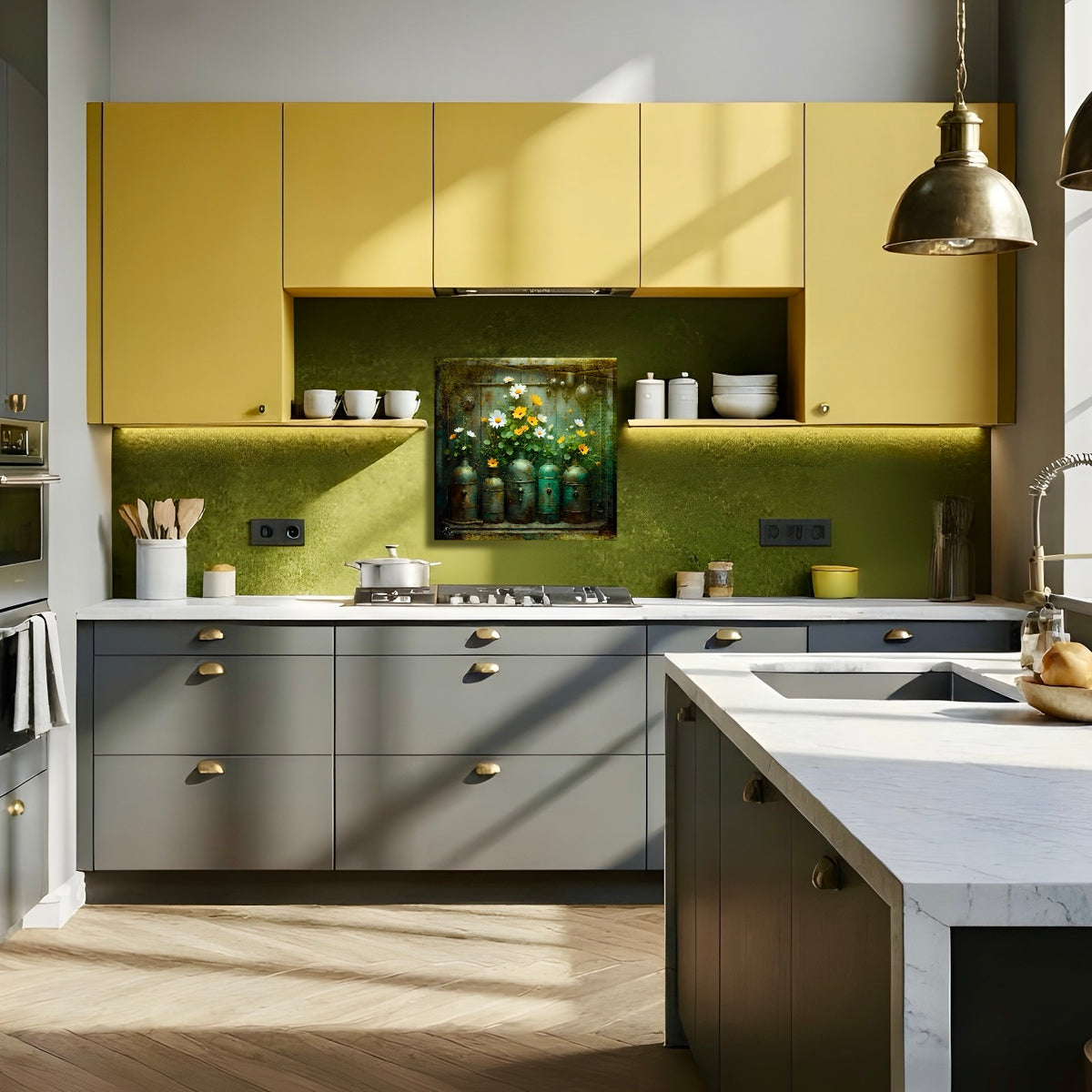 Modern kitchen with yellow upper cabinets and gray lower cabinets, painting hangs on wall over stovetop. 