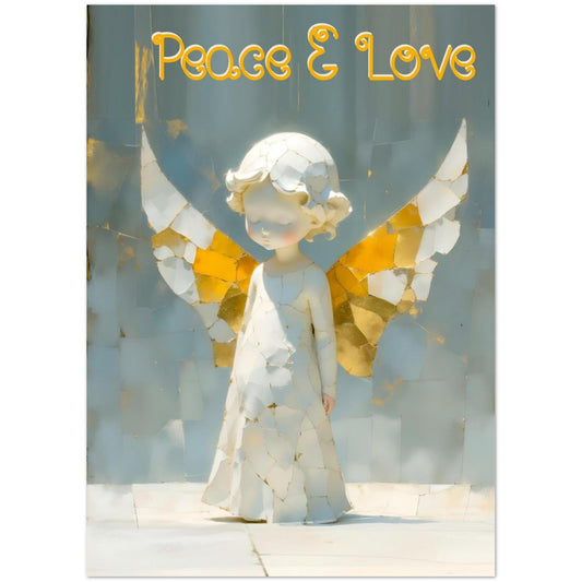 Angel figurine with gold and white wings against a light blue background with 'Peace & Love' text.