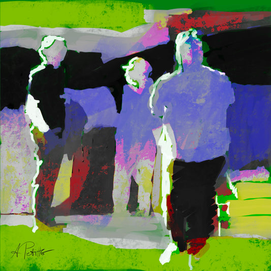 Abstraction of a market scene with 3 people . Blues, black and warm green. 