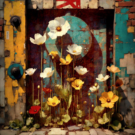 White and yellow flowers on straight vertical stems contrast with old structure - bricks, peeling paint, cracked wood - an old passage through a brick wall now blocked. Rusty re, teal yellow ochre, black.