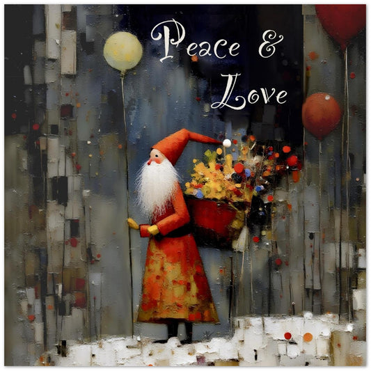 Artistic elf fgure in Santa clothing holding balloons and a back pack full,of flowers. ‘Peace and Love’ inscribed above.
