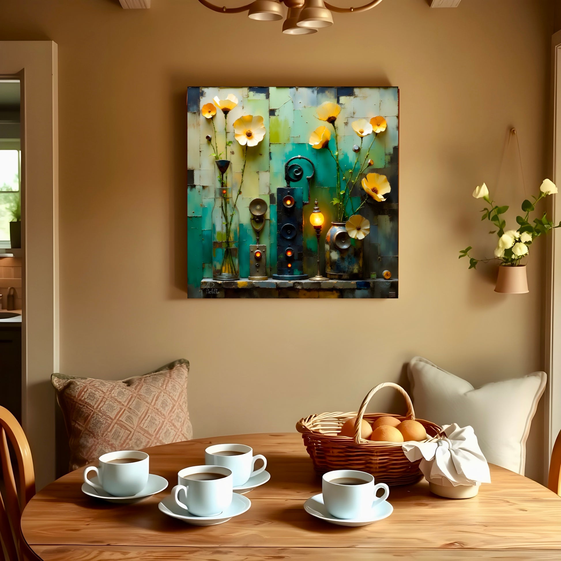 Dining room with a table set for coffee, a basket of bread, and a decorative painting on the wall.