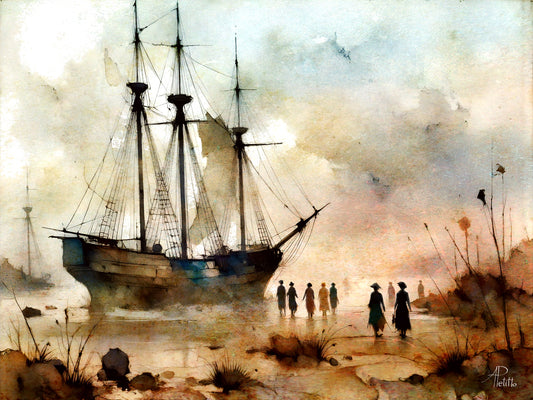 Painting of a 3 masted schooner (ship) run aground on a beach with people in the foreground