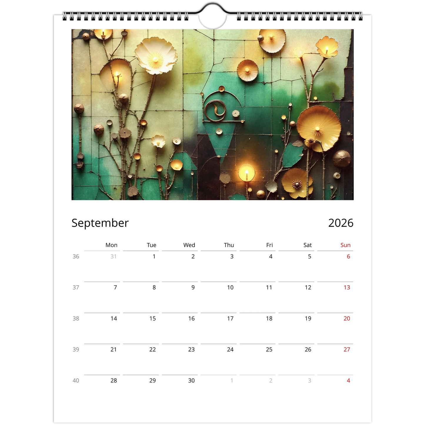 Electromechanical flower arrangement with glowing indicator lights and a greenish beige background