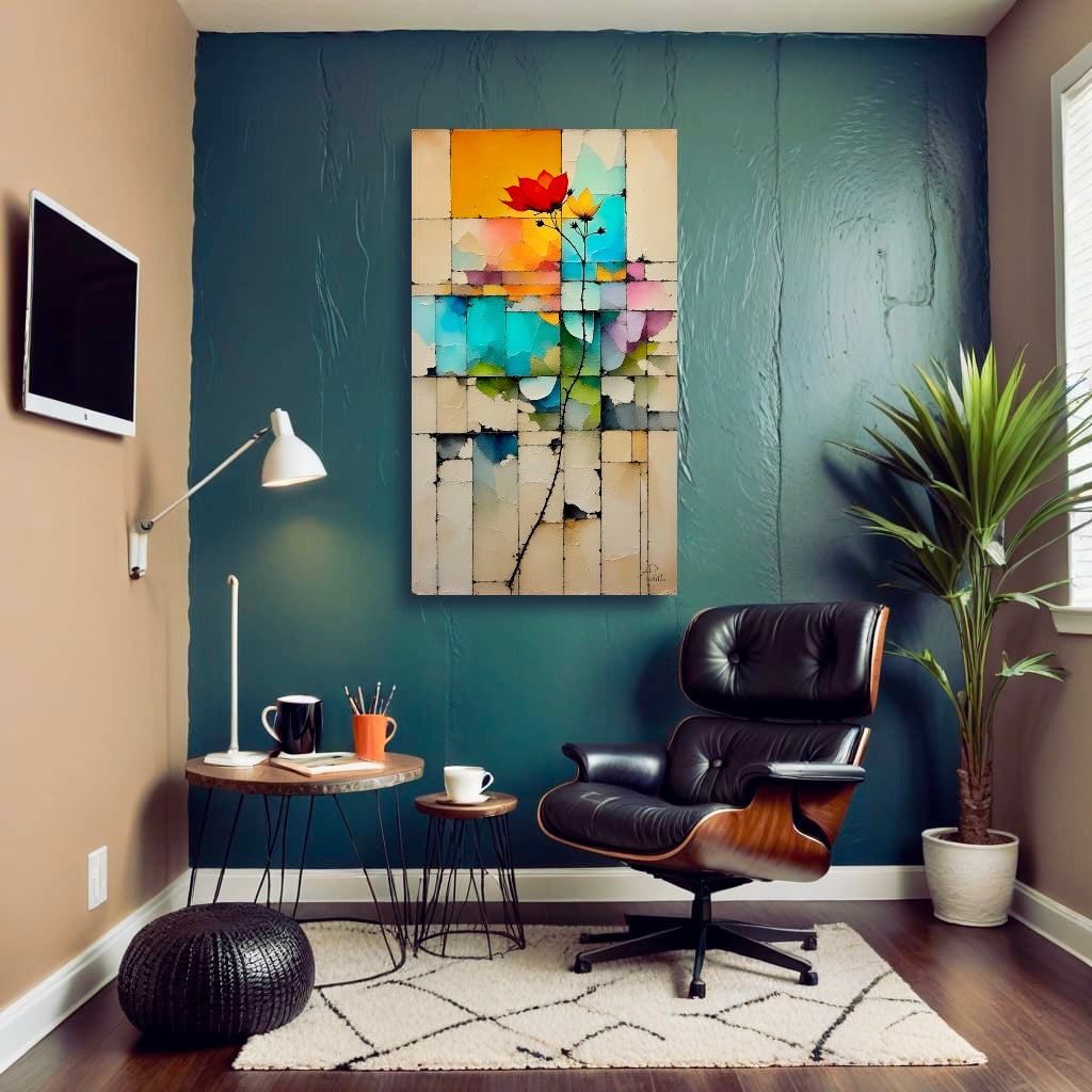 Modern living room with a colorful abstract painting on a blue wall, black leather chair, and decorative items.
