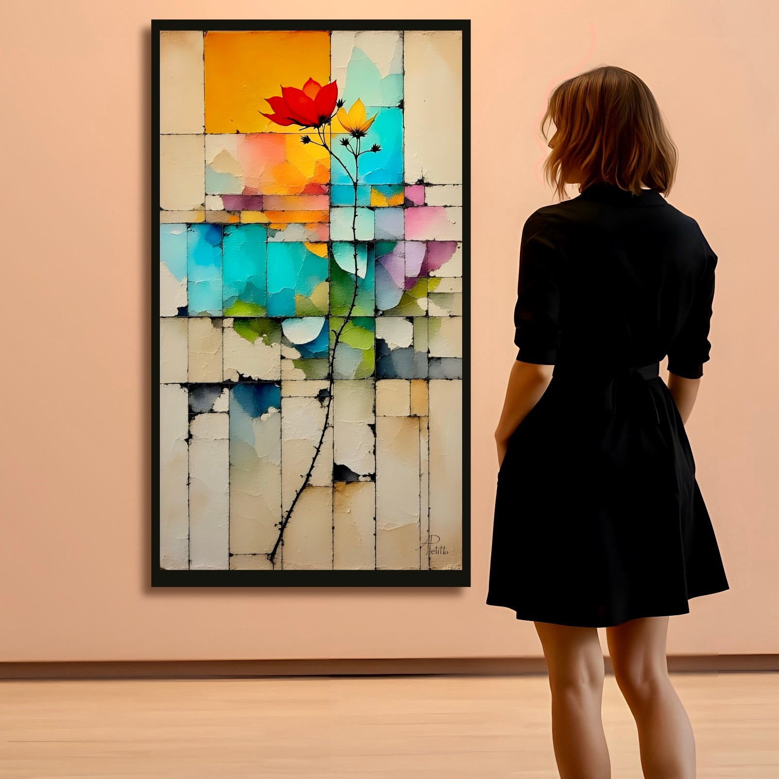 Woman in a black dress standing in front of a colorful abstract flower painting on a beige wall.