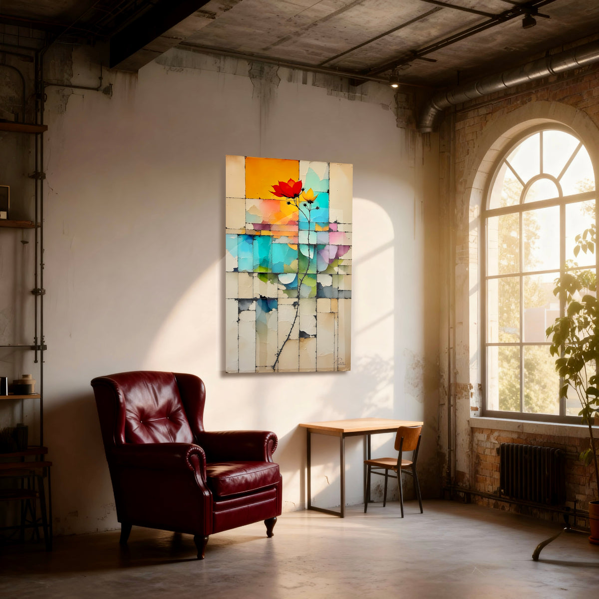 Modern interior with a colorful abstract painting on the wall, leather armchair, and large window.