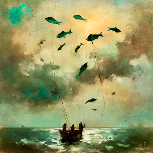 Artistic depiction of a boat with 3 fishermen with fishing lines extending into the sky where fish are flying overhead against cloudy turbulence. 