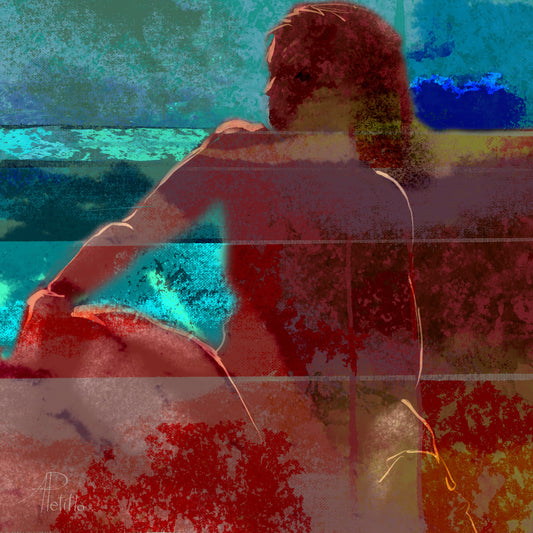 Silhouetted woman’s figure in deep reds against a blue and green ocean. 