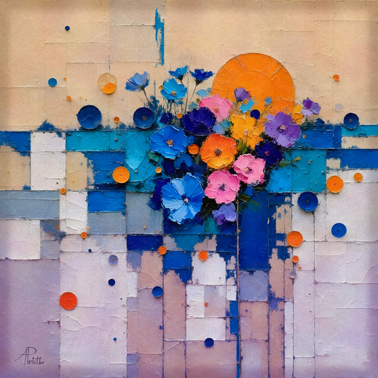 Abstract artwork with colorful flowers and geometric shapes