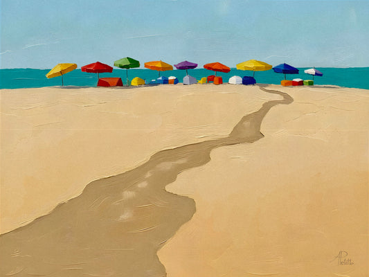 Colorful beach umbrellas on a sandy beach with blue water and sky.
